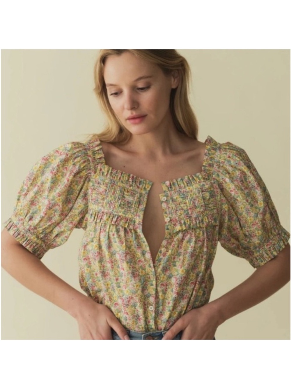 Doen Liberty Cotton Crop Puff Sleeve Top Chrysanthemum Sz
S Cottage Boho Smocked